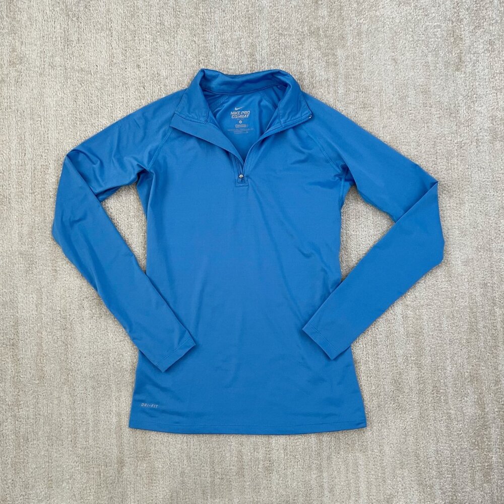 Nike Pro Combat Compression DriFit Long Sleeve Zip Up Shirt Top Blue M